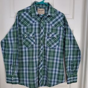 Wrangler Men's Retro Pearl Snap Western Green Plaid Shirt Size Large